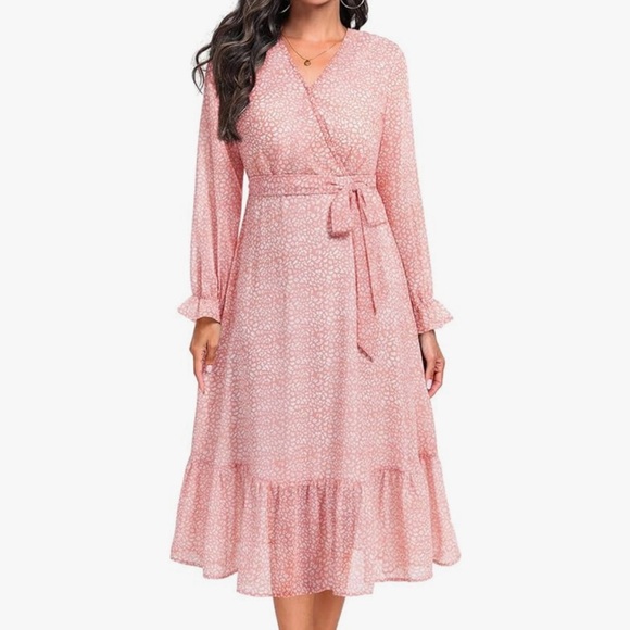 Pink Midi Wrap Dress with Bishop Sleeves NWOT - Picture 3 of 8